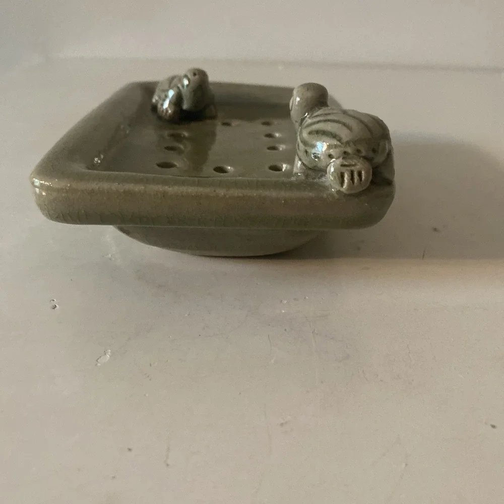 Whimisical Sage Green Soap Dish With Drain Holes Turtles Glazed Pottey